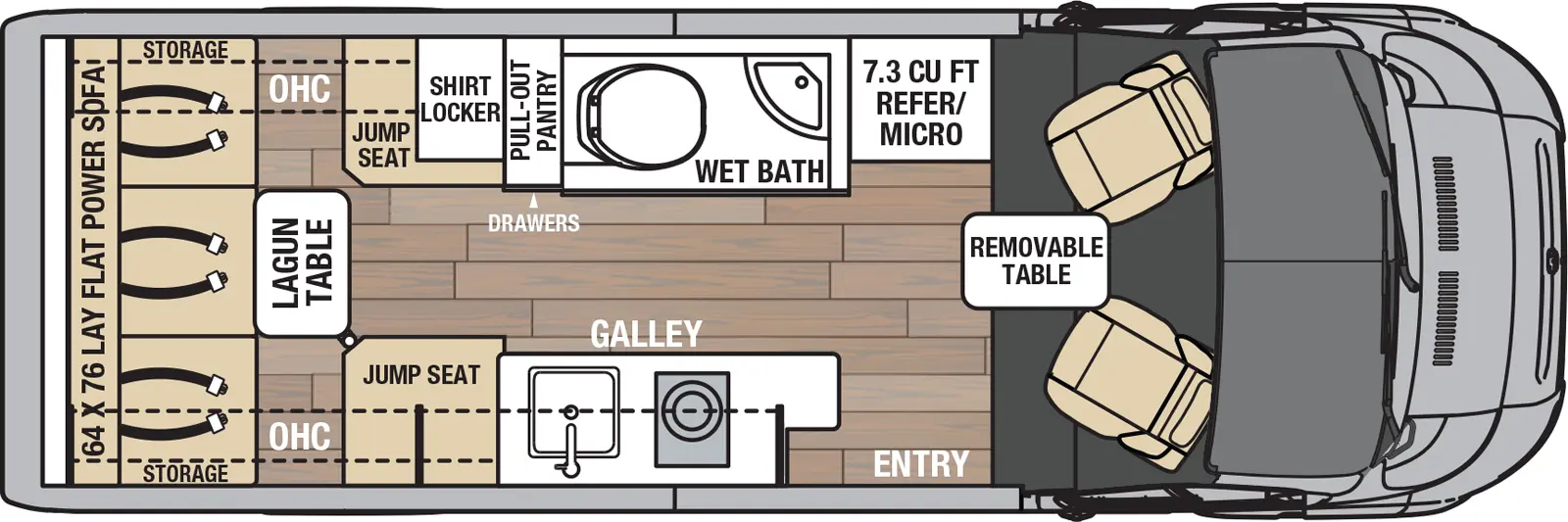 The Nova 20C has 0 slideouts and 1 entry door and rear doors. Interior layout from front to back; removable table; door side 7.3 cubic feet refrigerator and microwave; door side near entry Galley kitchen with LP cooktop and single sink with overhead cabinets; off door wet bath room with toilet and sink; door side jump seat and overhead cabinets; off-door side pull out pantry and shirt locker and jump seat with overhead cabinets; rear 64 inch by 76 inch flat power sofa with storage.